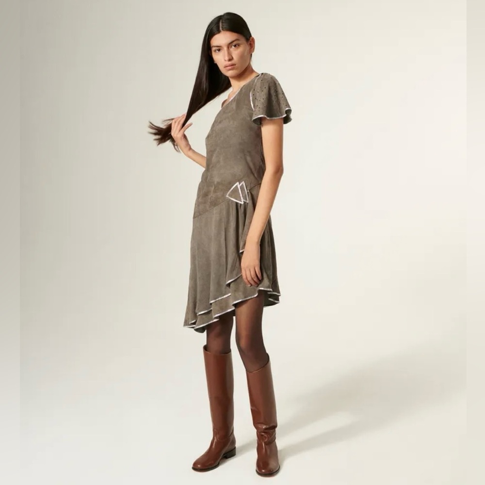 MARYAM NASSIR ZADEH FW21 Ash Grey Suede Asymmetrical One-Shoulder Dress